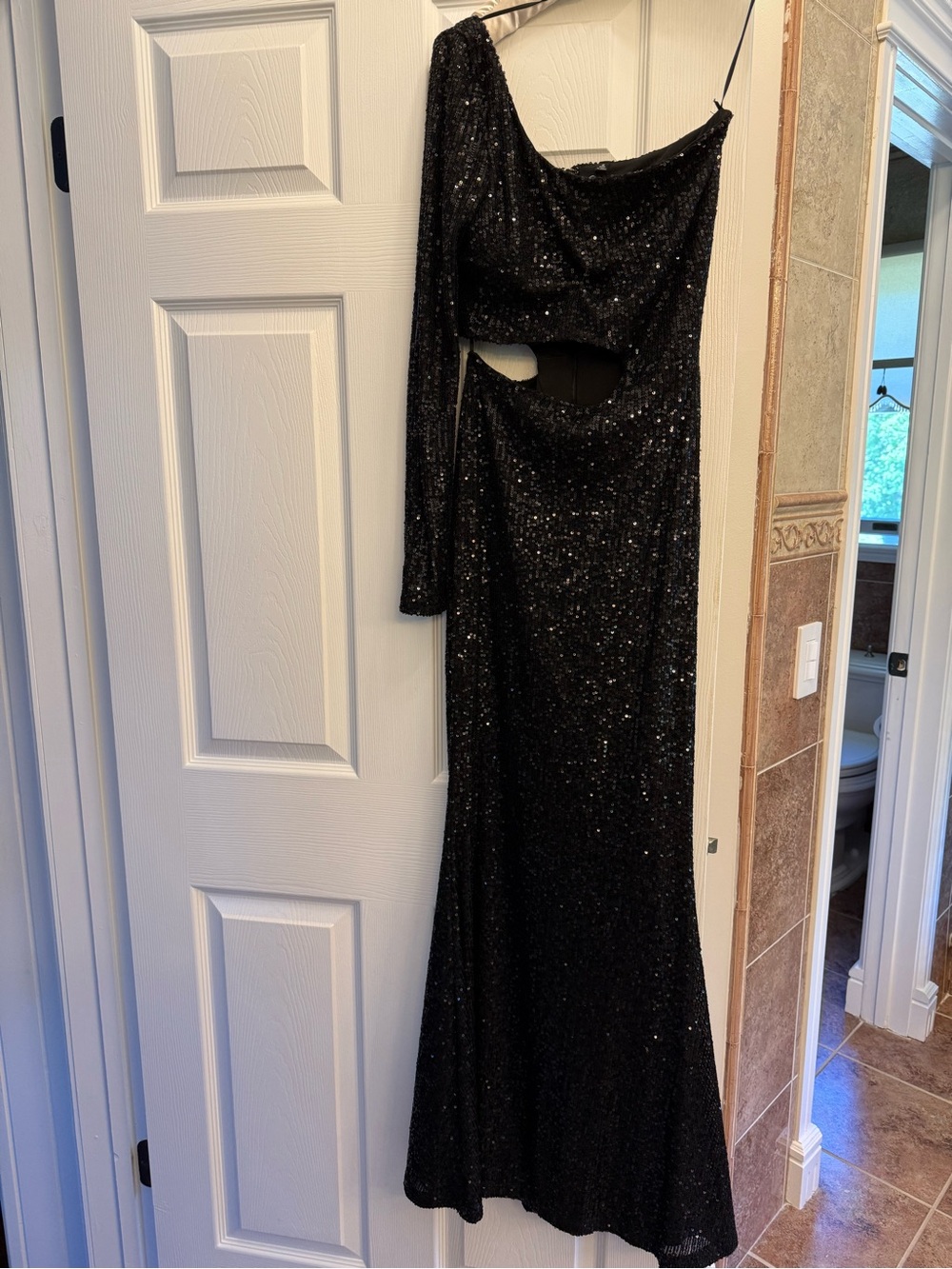 Windsor One-Shoulder Black Sequin Cutout Gown